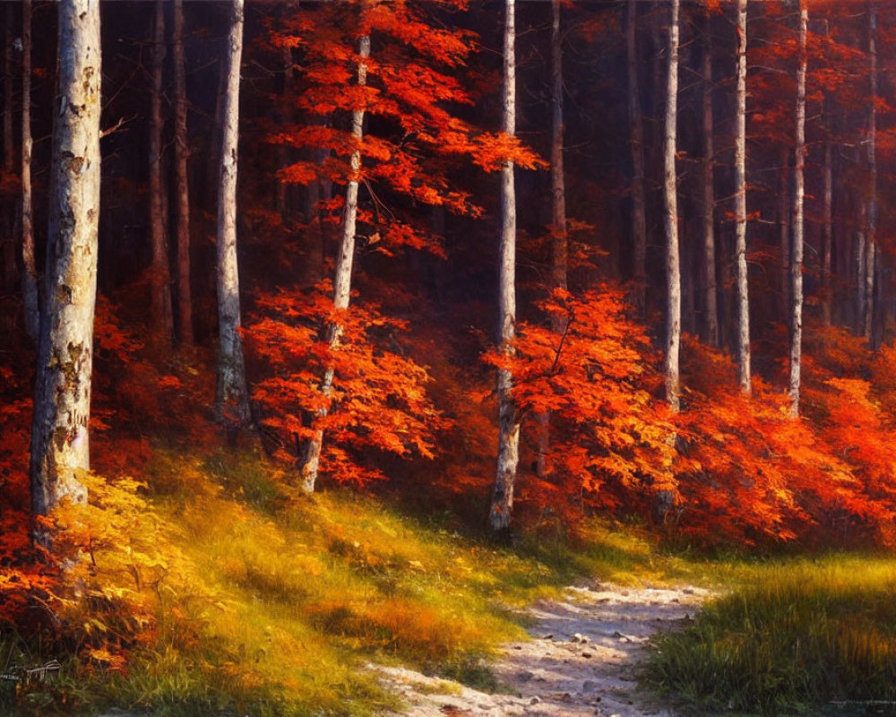 Tranquil Forest Path with Red and Orange Foliage