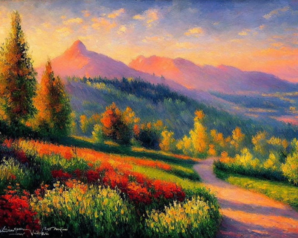 Colorful sunset mountain landscape painting with winding path and foliage