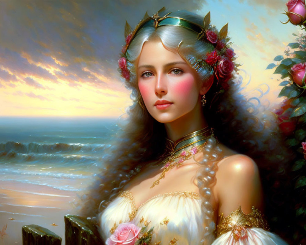 Ethereal woman with flower-adorned hair by sunset ocean waves