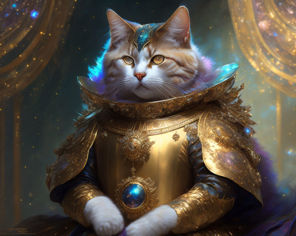 Majestic cat in golden armor with gem-studded tiara on sparkly backdrop