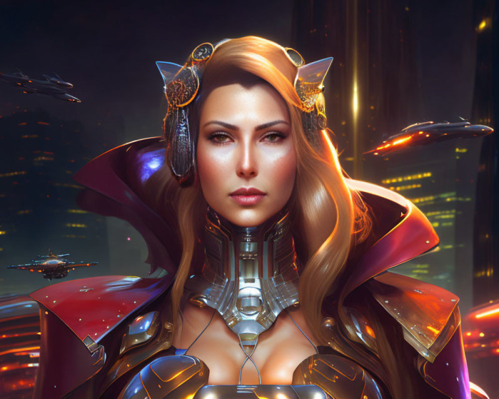 Blond woman with golden cat-like ears and cybernetic neck armor in futuristic cityscape