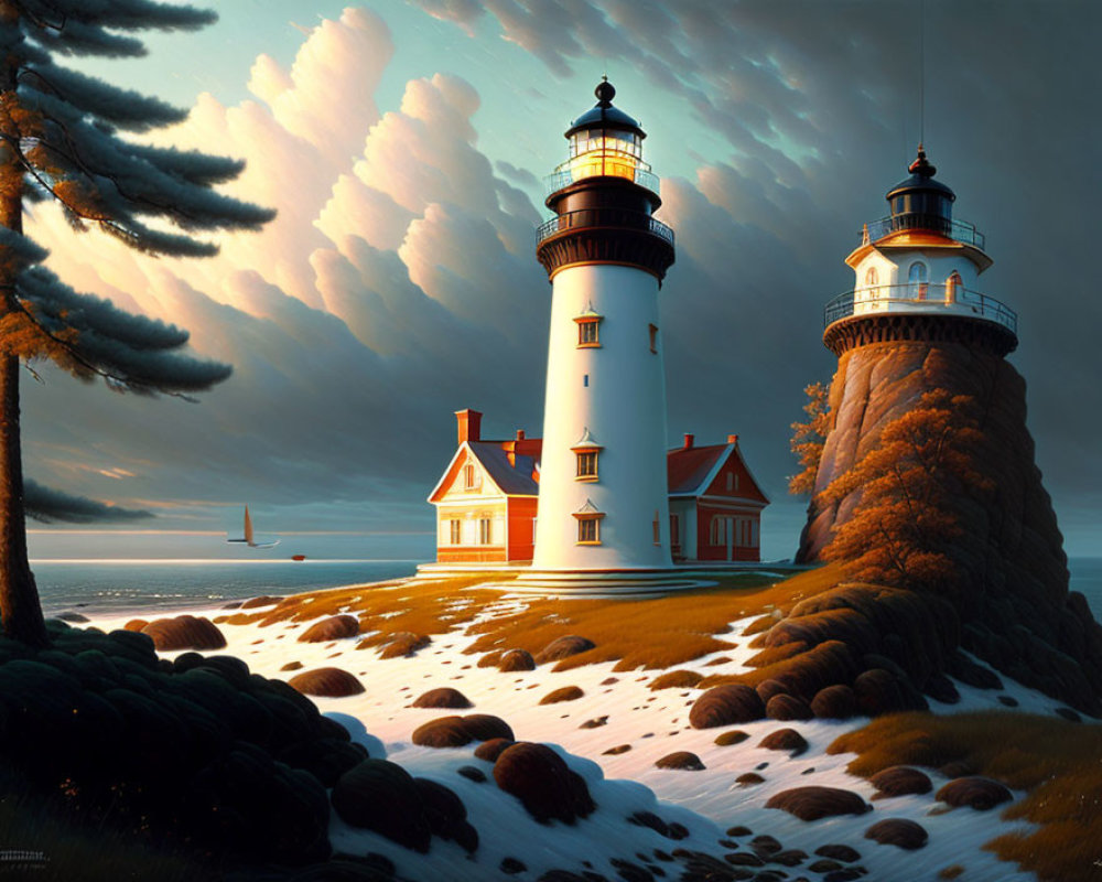 White lighthouse on cliff in serene seascape with dramatic sky