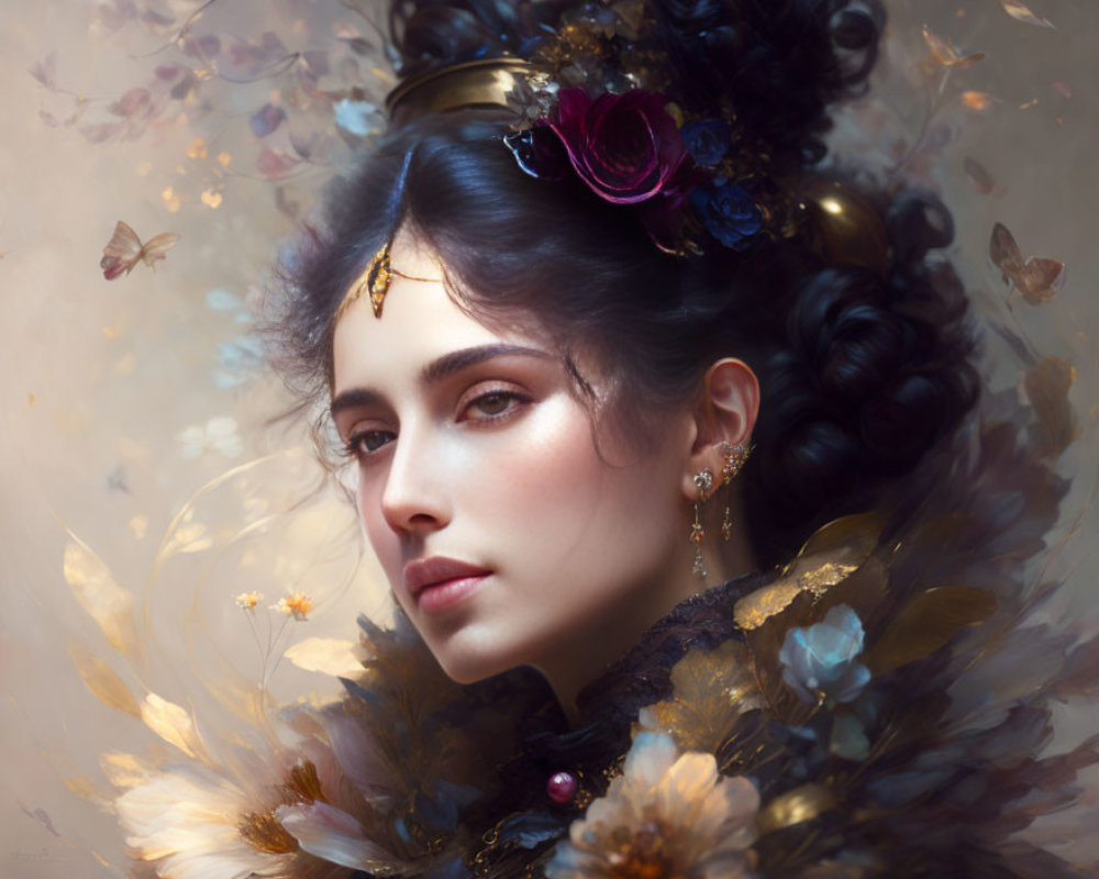 Portrait of woman with dark hair in elaborate updo, golden headpiece, flowers, and butterflies.