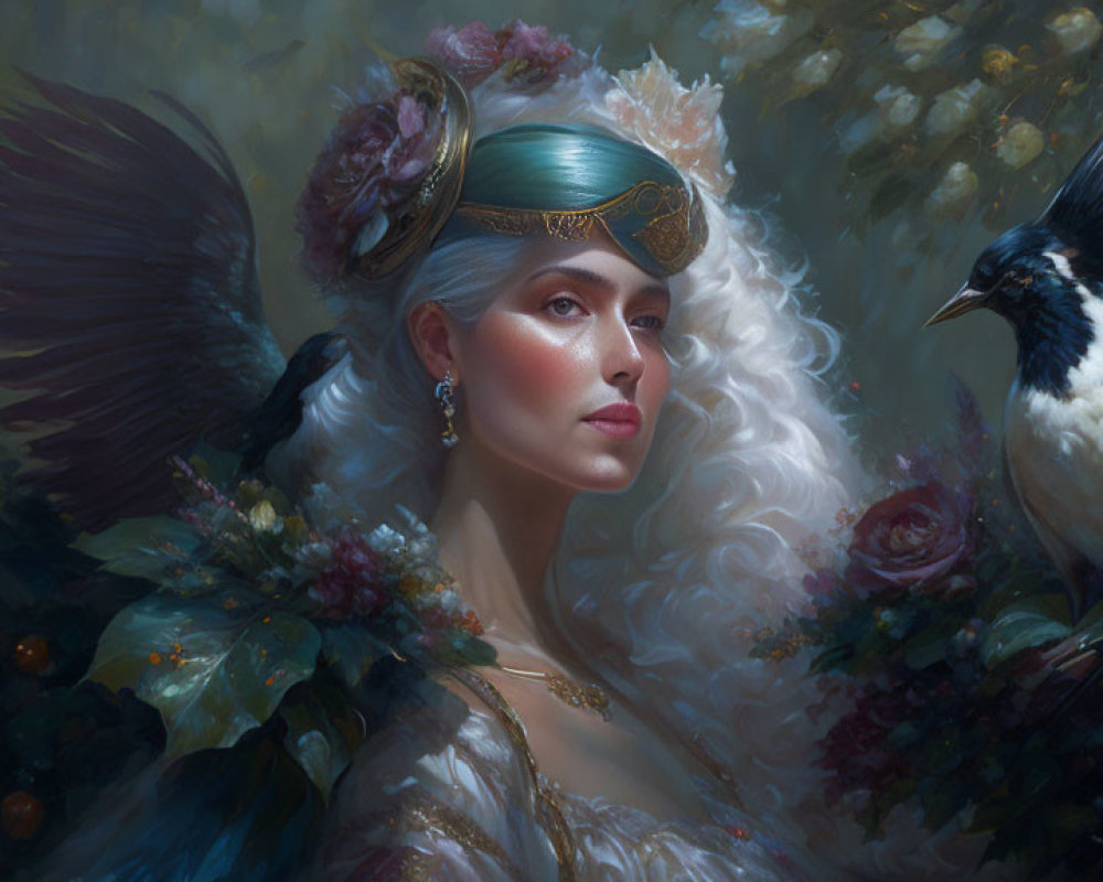 Regal woman with green headband, surrounded by florals and feathers, accompanied by bird