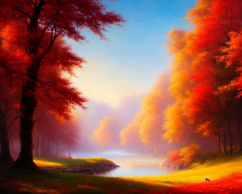 Colorful autumn landscape with misty river and heron in serene setting