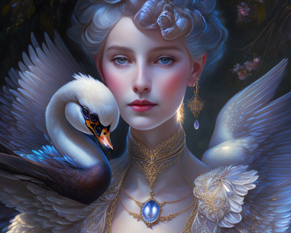 Baroque-style painting of woman with swan-like attire and swan embracing her