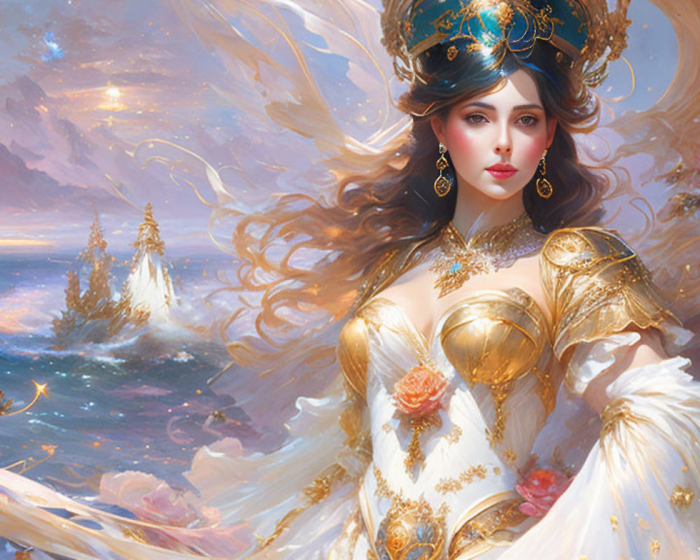 Fantasy artwork of woman in golden armor with sea and ships in luminous sky