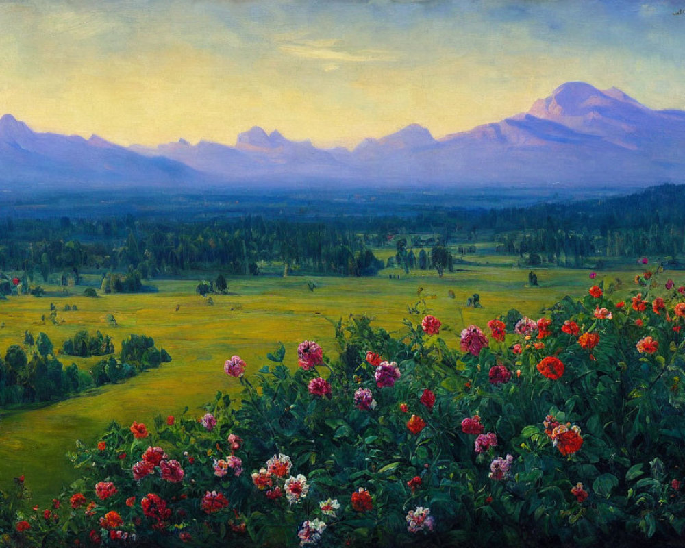 Landscape painting of lush valley, colorful flowers, and majestic mountains