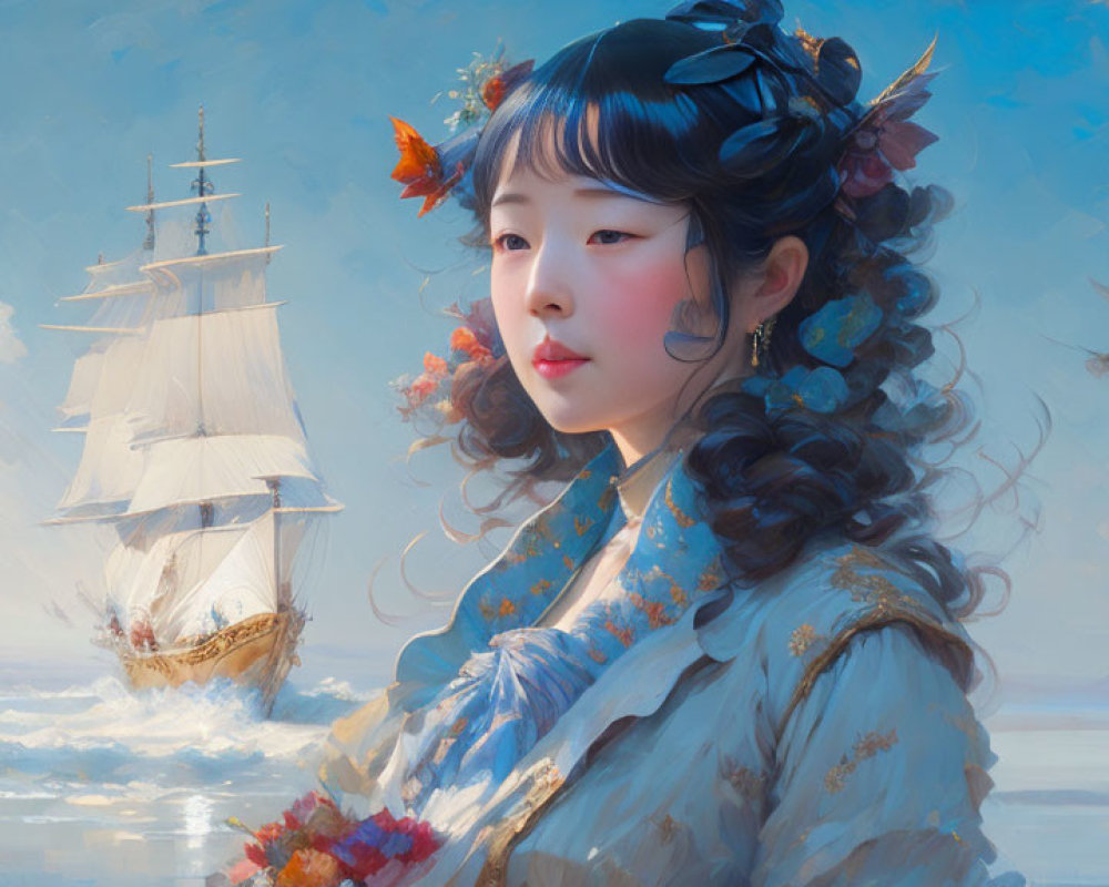 Woman with decorative flowers in hair near sailing ship on calm sea with seagulls.