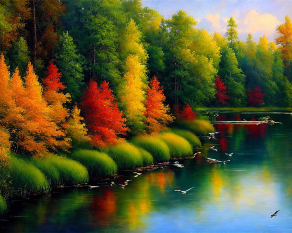 Vibrant autumn forest reflected in calm lake with birds and reeds