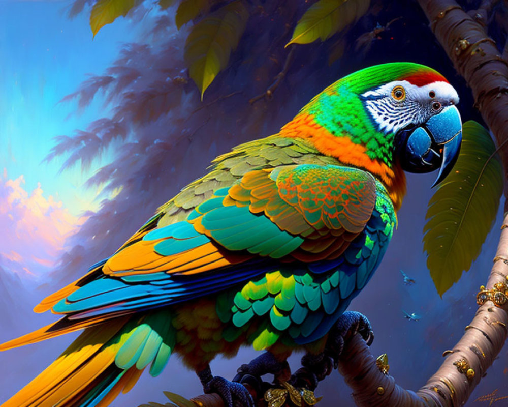 Colorful Parrot Illustration Perched on Branch Against Blue Backdrop