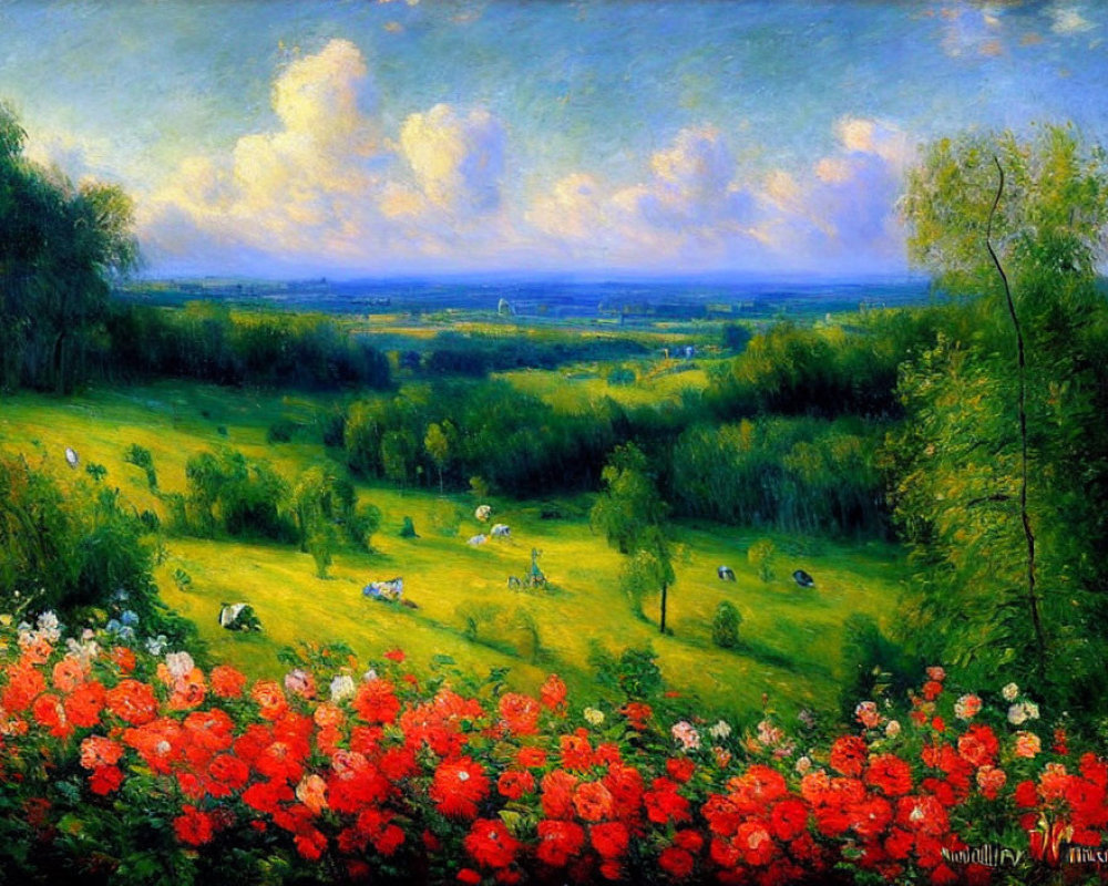 Colorful Landscape Painting with Lush Greenery and Flowers