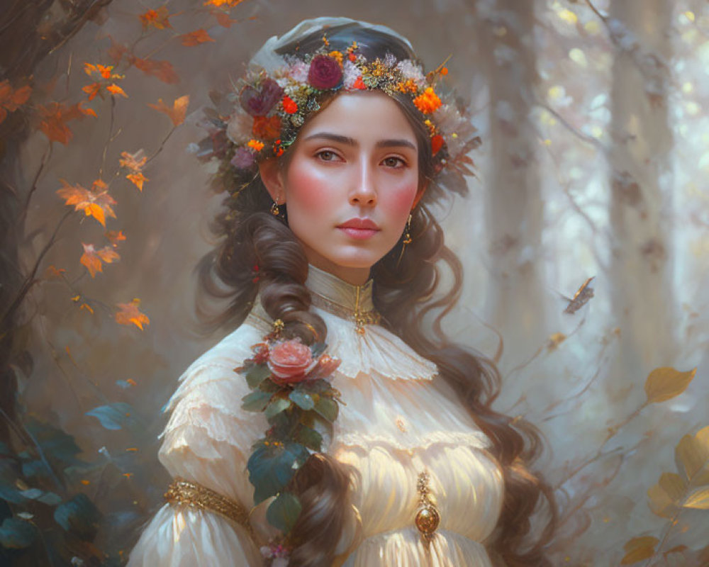 Woman with floral crown and veil in autumn forest backdrop