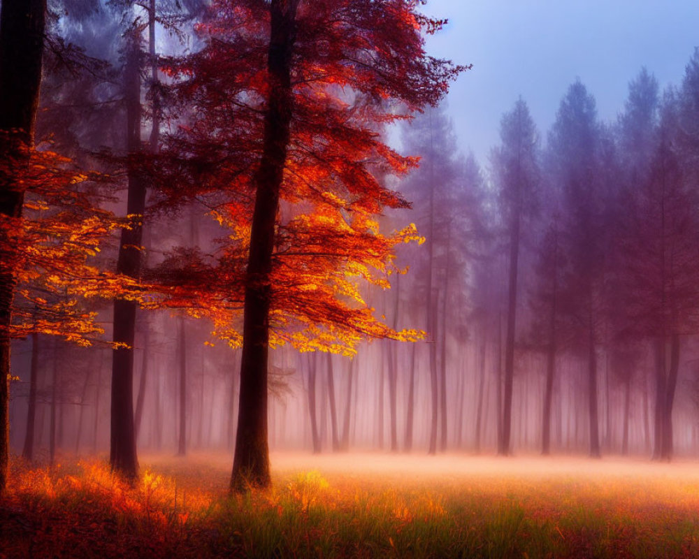 Vibrant orange tree in misty autumn forest landscape