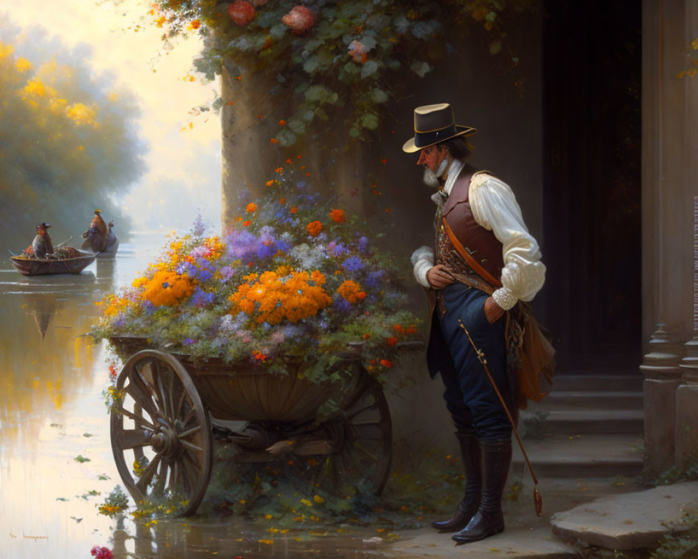 Vintage-clad man by flower cart near river with boat in autumn haze