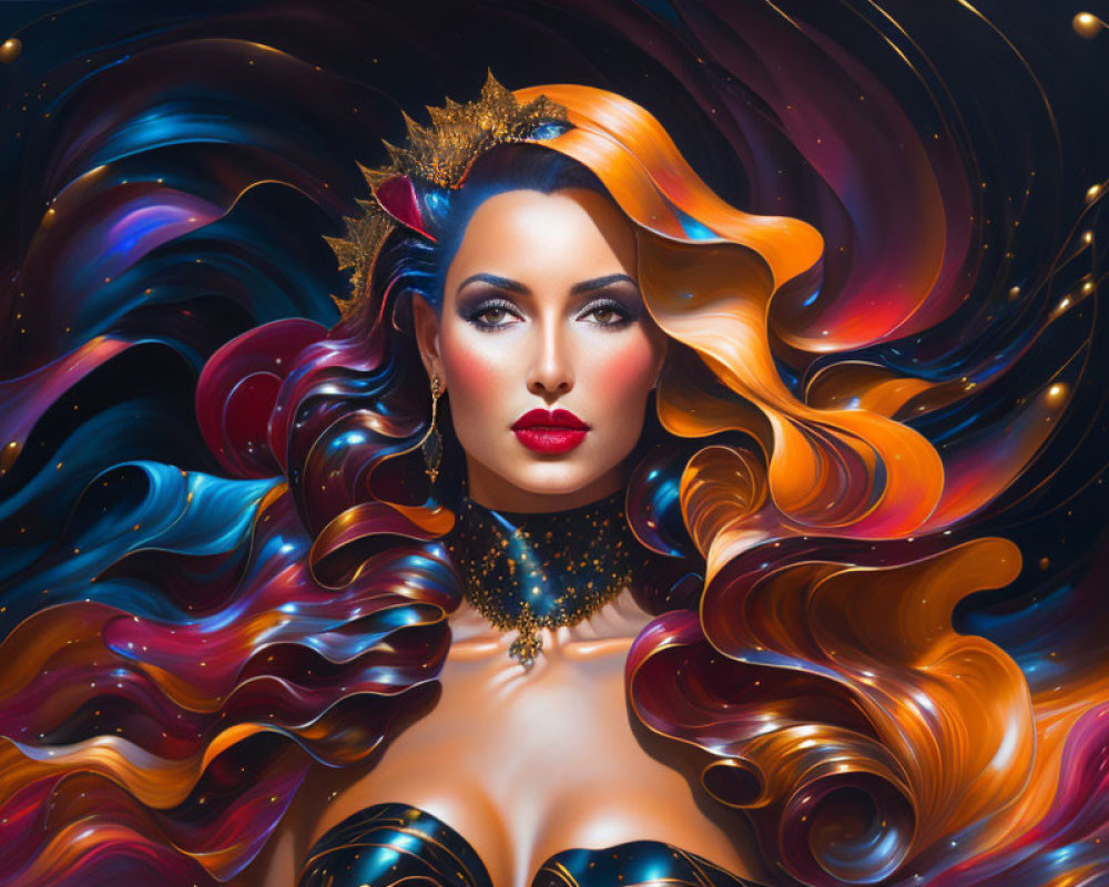 Multicolored Hair Woman Portrait with Cosmic Background