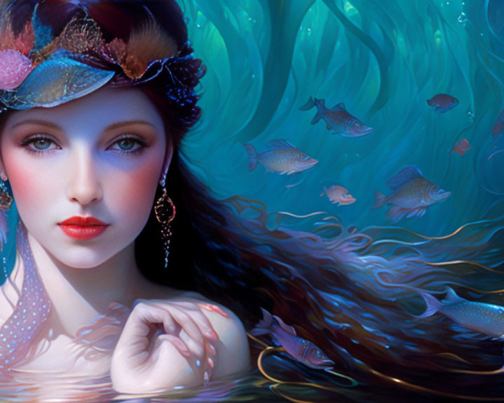 Fantastical artwork: Woman in feathered hat underwater with colorful fish