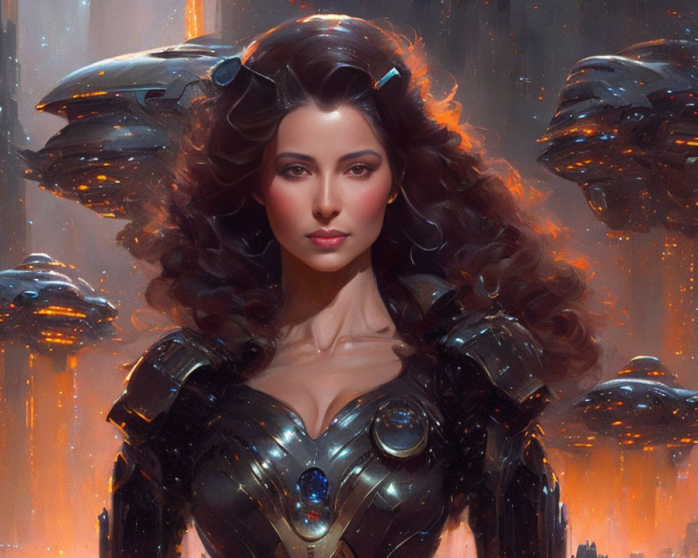Futuristic digital artwork: woman in armor with flying vehicles in cityscape