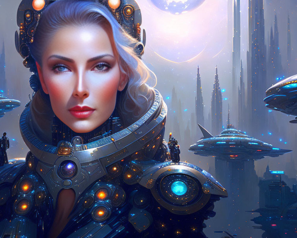 Futuristic portrait of woman in cybernetic armor against cityscape.