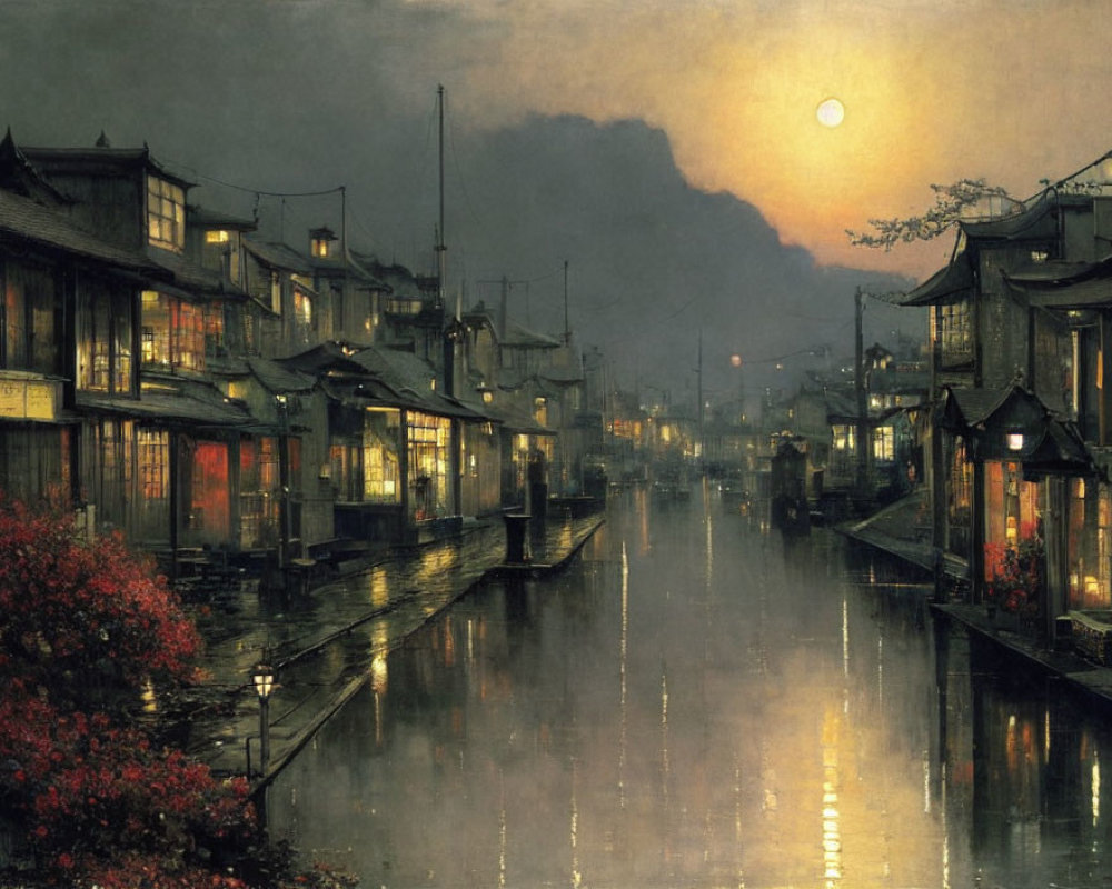 Nighttime Waterway with Traditional Houses and Lanterns under Full Moon