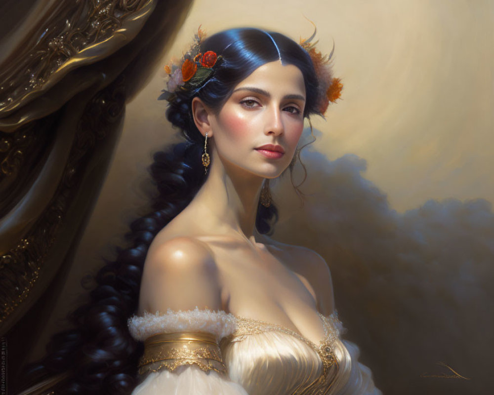 Woman with Dark Hair and Orange Flower Adornments in White Dress and Gold Accents