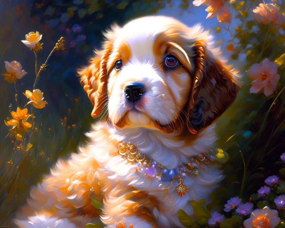 Fluffy beige and white puppy in bejeweled collar among orange flowers