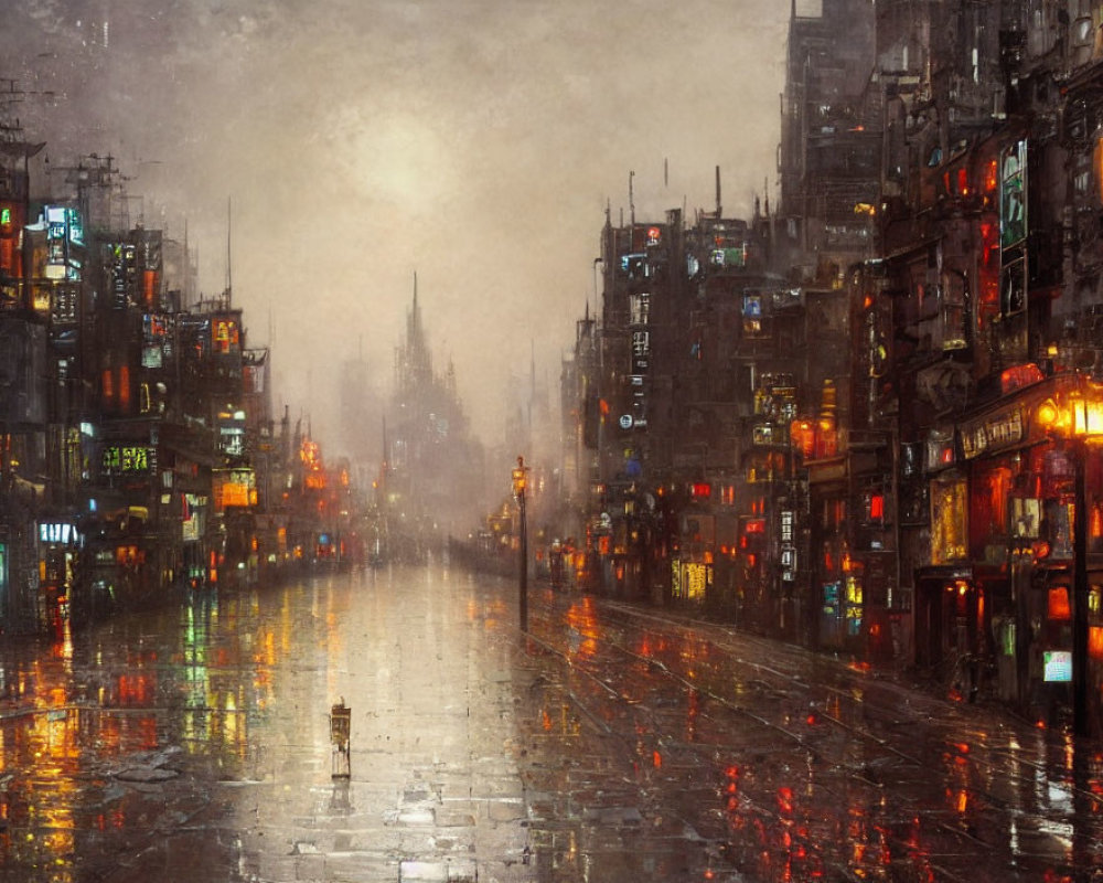 Rain-soaked city street at night with glowing signs.