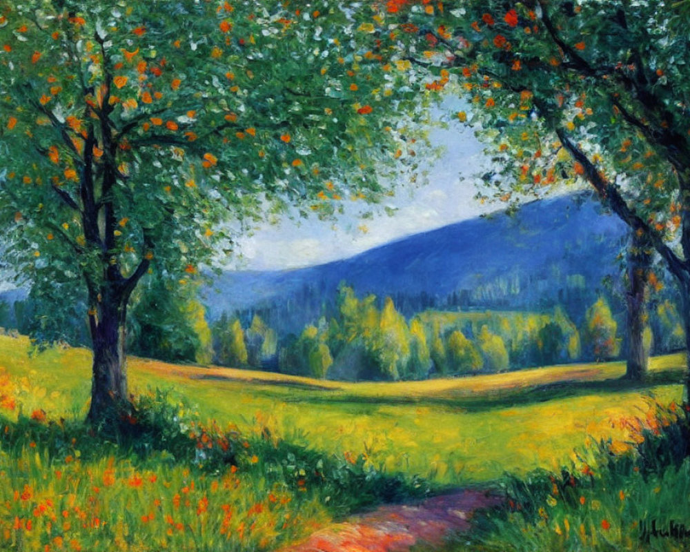 Vibrant Impressionist Landscape with Trees and Flower Field