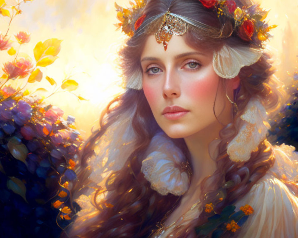 Woman with floral headpiece and jewelry in blooming flower backdrop