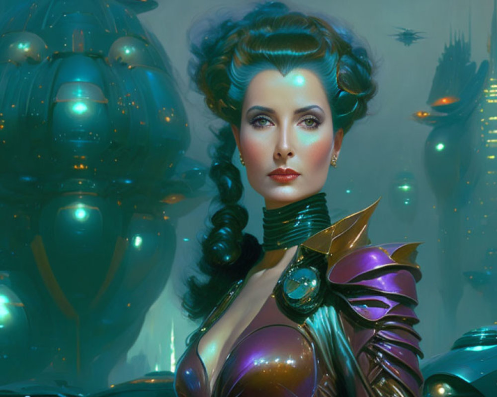 Futuristic woman in stylish armor with elaborate hair against advanced cityscape