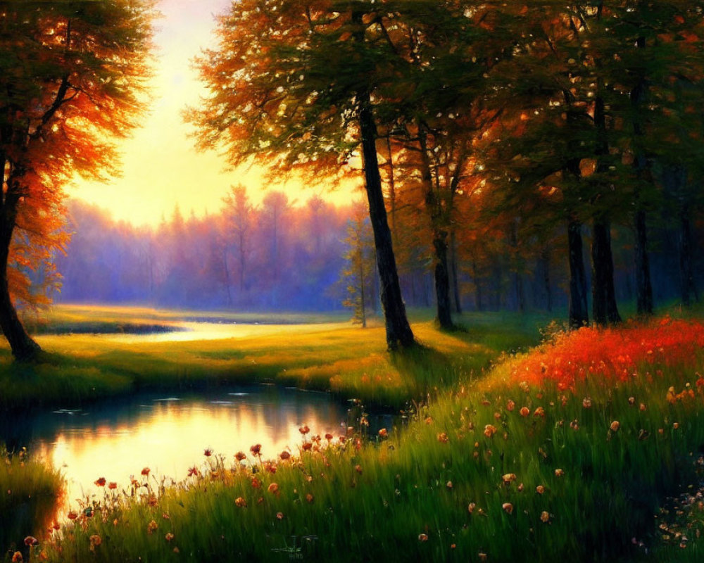 Tranquil forest sunset with autumn colors and serene pond