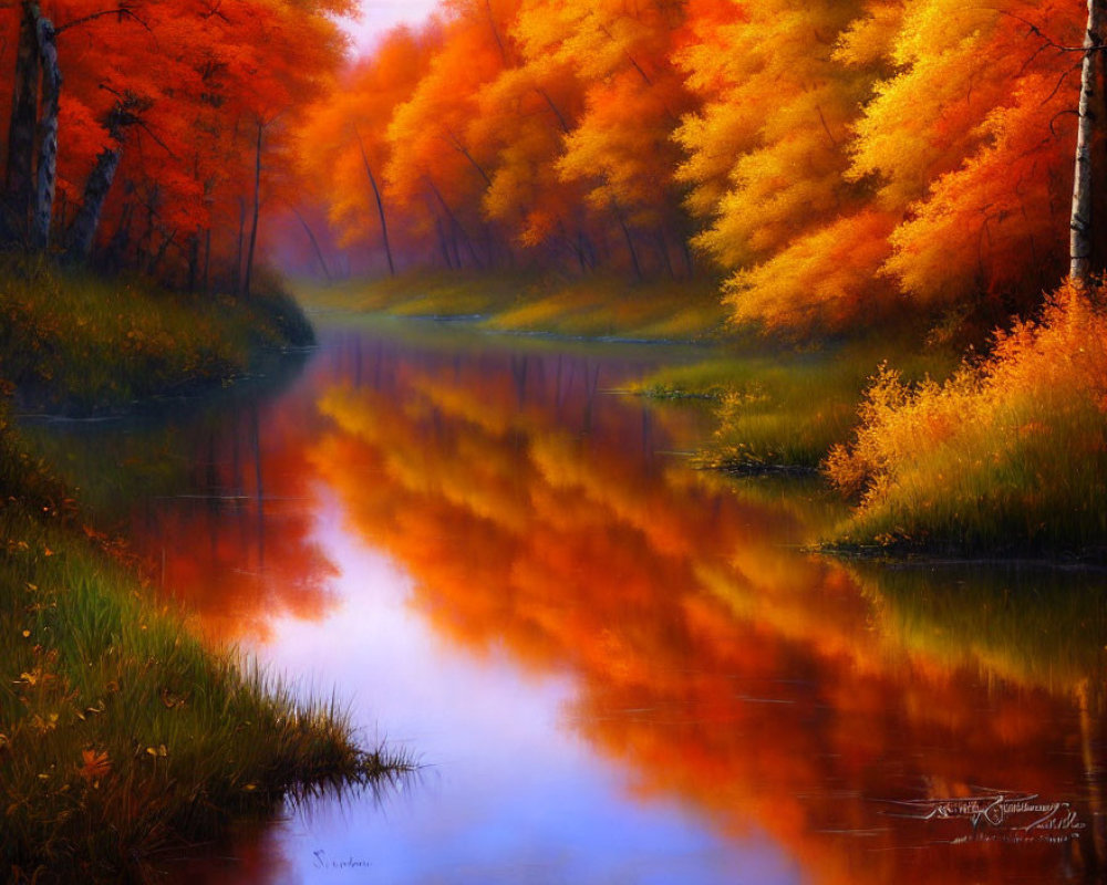 Colorful autumn trees mirrored in serene river in tranquil forest.