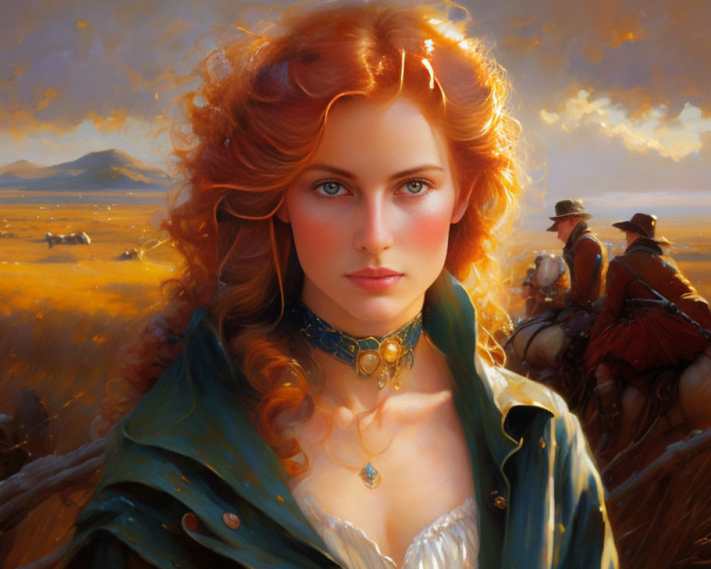 Digital painting of woman with red hair in blue clothing in golden field with horseback riders