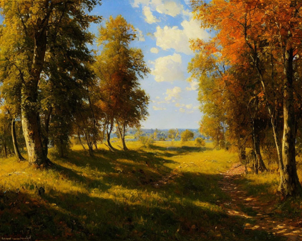 Tranquil autumn forest scene with golden and green trees