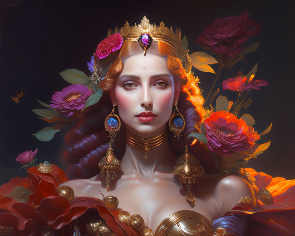 Digital artwork of woman with ornate headdress, gold jewelry, vibrant flowers, and roses on dark