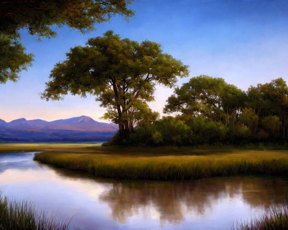 Tranquil landscape with calm river, green trees, and distant mountains