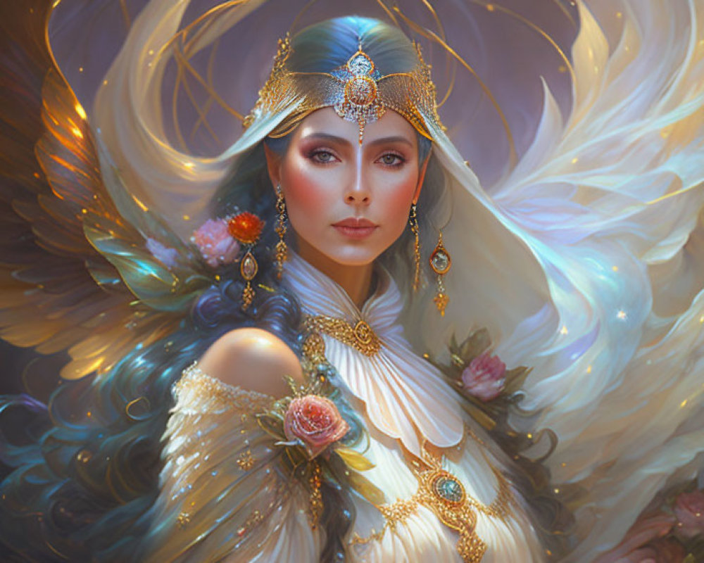 Elaborate golden headdress and swirling feathers on female figure