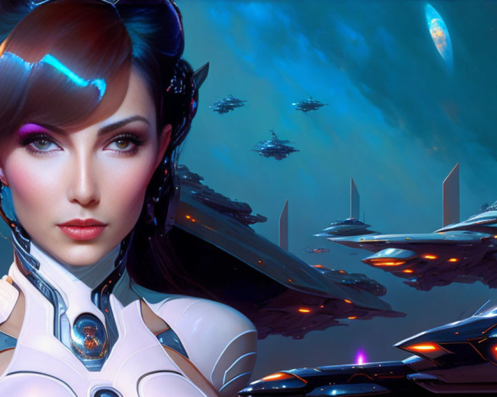 Futuristic female character with headset in space setting