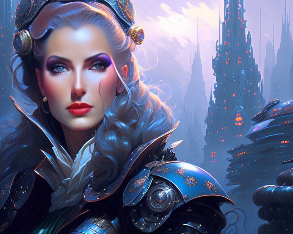 Fantastical female figure in intricate armor with futuristic cityscape.