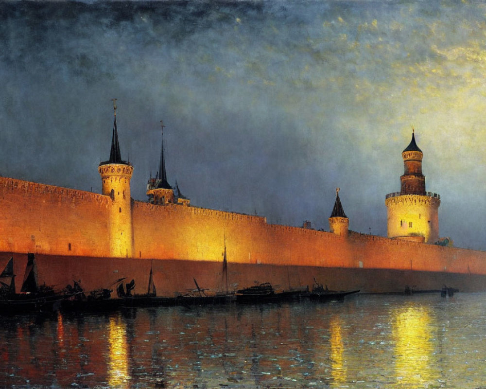 Medieval fortress with tall towers by riverside at dusk