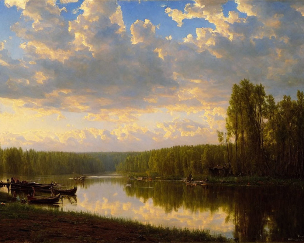 Tranquil river sunset painting with silhouetted figures in boats