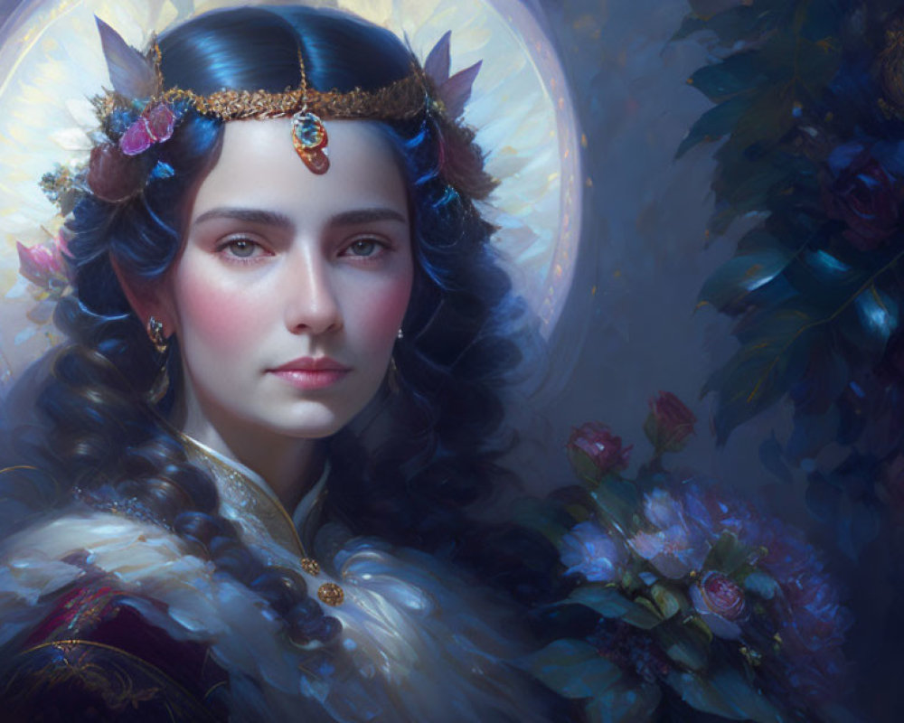 Ethereal portrait of a woman with golden headpiece and blue flowers