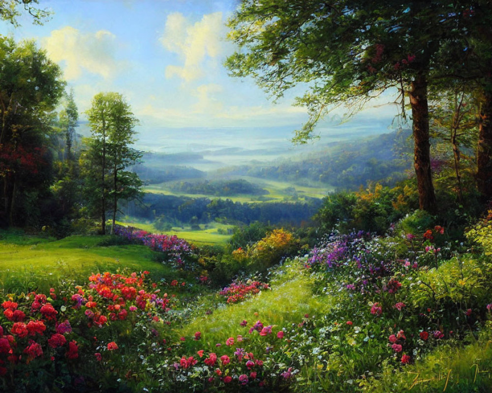Vibrant flowers, green hills, and blue sky in lush landscape