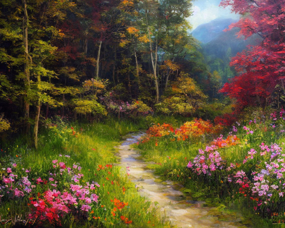 Lush Forest Path with Colorful Wildflowers and Sunlight