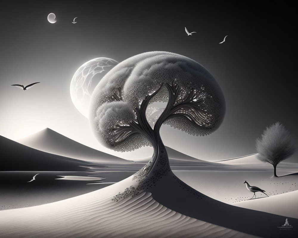 Surreal monochrome landscape with brain-like tree, birds, dunes, small tree, and