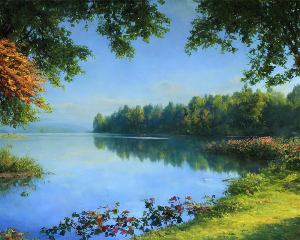 Scenic lake with green and autumn trees under clear sky