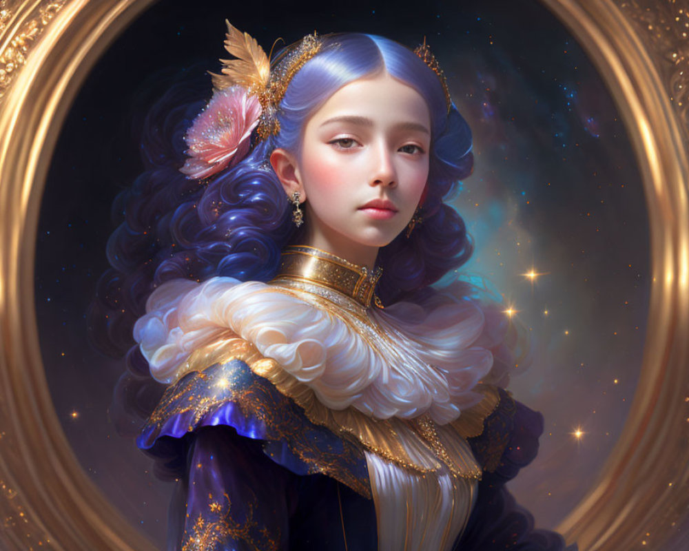 Opulent portrait of woman with blue hair and golden feather headdress in ornate golden oval frame.