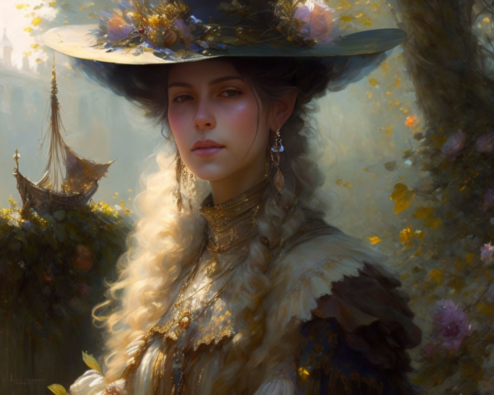 Fashionable woman in floral hat and vintage attire in mystical forest.