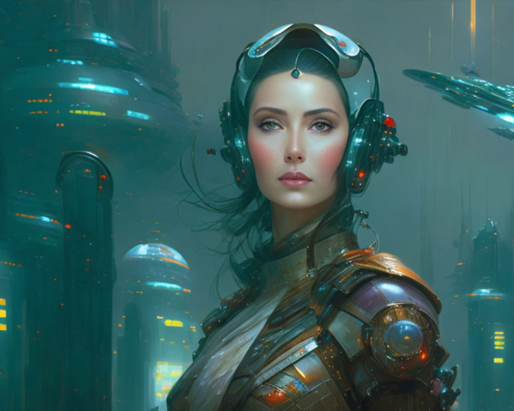 Futuristic woman in high-tech armor with neon cityscape background