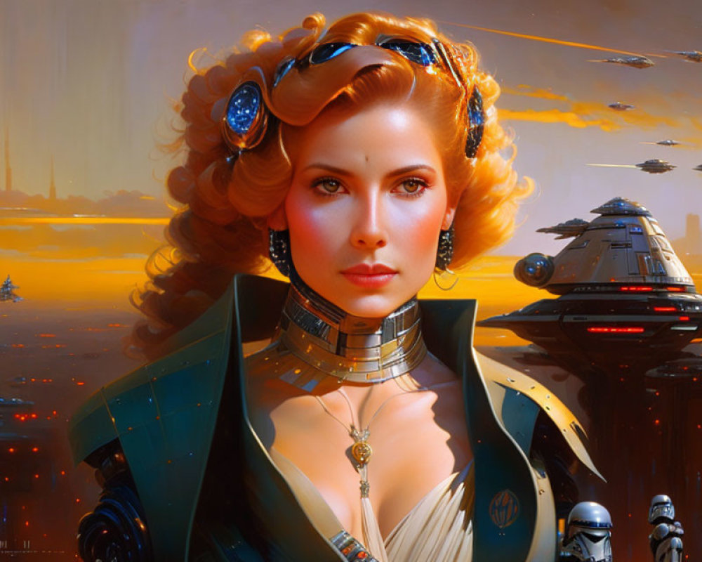 Futuristic portrait of a woman with elaborate hair and sci-fi attire